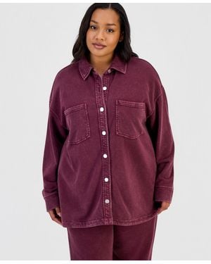And Now This Trendy Plus Size Denim-look Terry Shacket - Purple