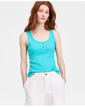 On 34th Scoop-neck Henley Tank Top - Blue