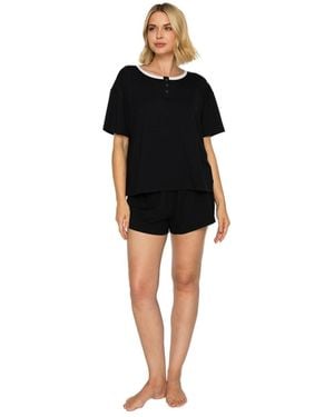 Studio Badgley Mischka Yummy Henley Top And Short Pj Set - Black