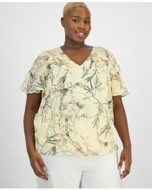 Anne Klein Plus Size Short-sleeve Ruffled V-neck Blouse - Natural