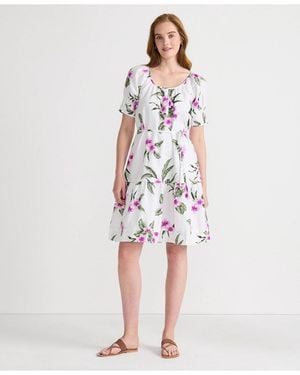 Lands' End Puff Sleeve Pleated Linen Knee Length Dress - White