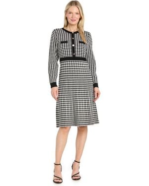 R & M Richards Fit Flare Houndstooth Long-sleeve Dress - Gray