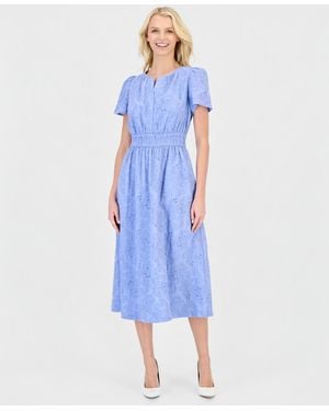 Anne Klein Eyelet Short-sleeve Midi Dress - Blue