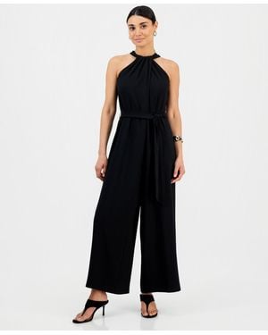INC International Concepts Petite Sleeveless Halter Tie-waist Jumpsuit - Black