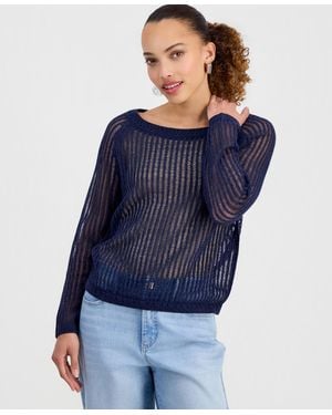 INC International Concepts Petite Open-knit Boat-neck Sweater - Blue