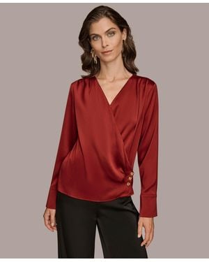 Donna Karan Long Sleeve Faux Wrap Top - Red