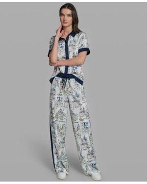 KARL LAGERFELD Short Sleeve Collared Printed Camp Shirt Mid Rise Wide Leg Printed Pants - Gray