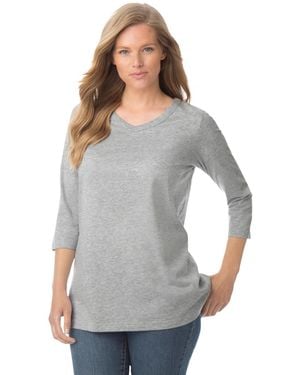Woman Within Plus Size Within Perfect Three-quarter Sleeve V-neck Tee - Gray