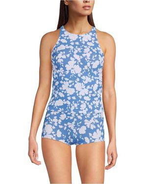 Lands' End Tugless High Neck Strappy Back Tankini Top - Blue