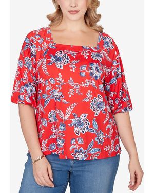 Ruby Rd. Plus Size Square Neck Floral Puff Print Top - Red