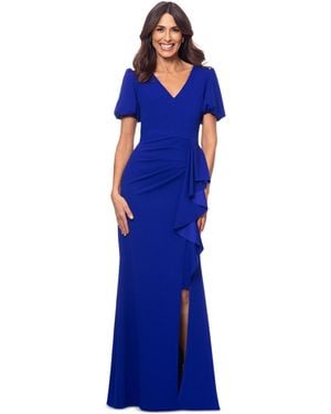 Xscape Petite Puff-sleeve Ruffled Gown - Blue