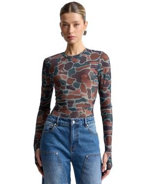 Avec Les Filles Printed Long-sleeve Mesh Top - Blue