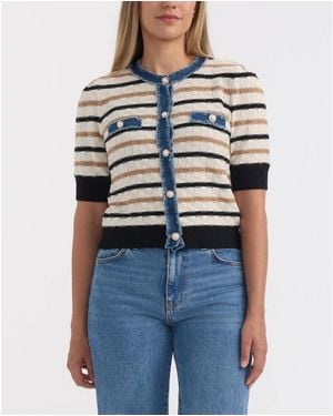 Ellen Tracy Short Sleeve Cardigan With Denim Trim - Blue