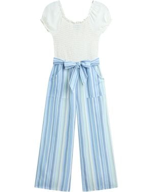 Bcx Girls' 7-16 Short-sleeve Smocked Bodice Jumpsuit - Blue