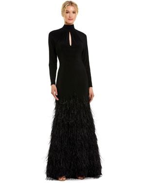 Mac Duggal Jersey Long Sleeve High Neck Feather Gown - Black