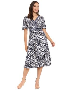 London Times Petite V-neck Fit & Flare Midi Dress - Blue