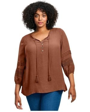 Avenue Plus Size Pintuck Lace Peasant Top - Multicolor