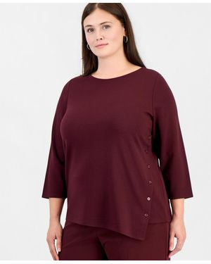 Anne Klein Essentials Plus Size Asymmetrical Button Serenity Knit 3/4-sleeve Boat-neck Tunic - Red