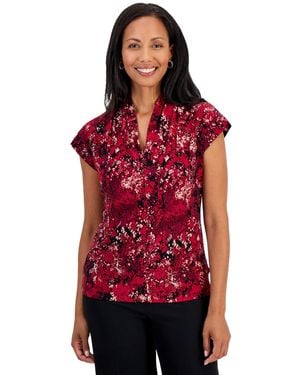 Kasper Funnel Neck Cap-sleeve Print Blouse - Red