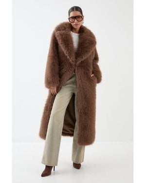 MissPap Long Faux Fur Wide Collar Coat - Brown