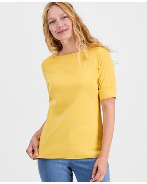 Style & Co. Boat-neck Elbow Sleeve Cotton Top - Yellow