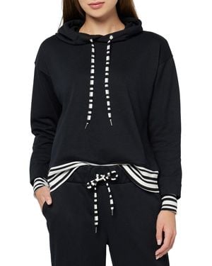 Three Dots Striped Trim Pullover Hoodie - Black