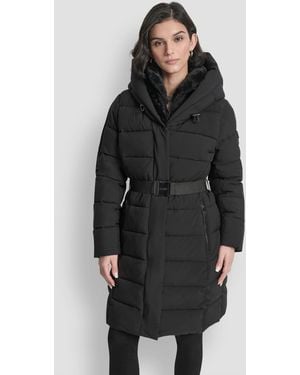 DKNY Belted Asymmetrical Zip Front Puffer Coat - Black