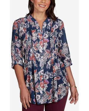 Ruby Rd. Petite Kensington Henley 3/4-sleeve Floral Blouse - Blue
