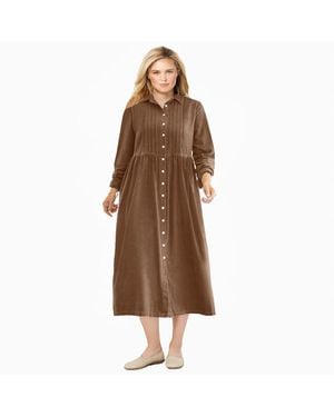 Woman Within Plus Size Button Front Corduroy Dress - Brown