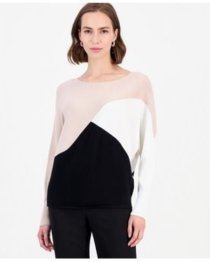 Tahari Colorblock Ribbed-knit Crewneck Pullover - White