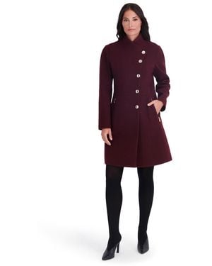 Kensie Faux Wool Asymmetrical Stand Collar Pea Coat - Red
