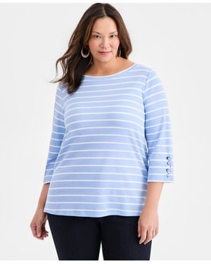 Style & Co. Plus Size Boat-neck Cotton Lace-up-sleeve Tunic - Blue
