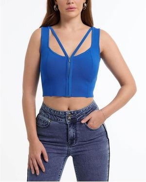 Bebe Zip Front Corset Sweater Top - Blue