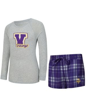 Concepts Sport 2-piece Heather Gray/purple Minnesota Vikings Regulate Plaid Long-sleeve T-shirt And Shorts Sleep Set - Blue