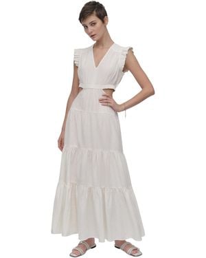 dkny v-neck linen maxi dress DKNY Women's Linen-Blend TIE BACK MAXI Dress in Zebra Eggnog Combo