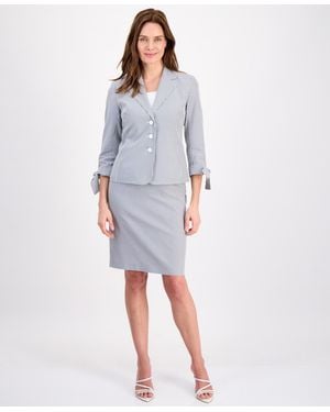 Le Suit Seersucker Tie-sleeve Skirt Suit - White
