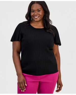 Kasper Plus Size Crewneck Flutter-sleeve Rib-knit Sweater - Black