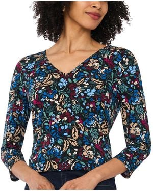 Vince Camuto Floral-print V-neck 3/4 Sleeve T-shirt - Blue