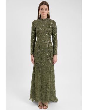 MARYISA Modest Embellished Sequin Beaded Dress Maxi With Trail - Green