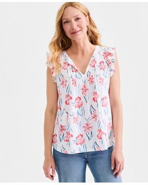 Style & Co. Printed Pintuck Flutter Sleeve Top - White