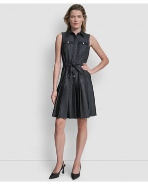 DKNY Sleeveless Collared Pleated Dress - Multicolor