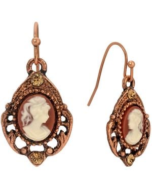 2028 Copper Tone Oval Cameo Crystal Earrings - Metallic