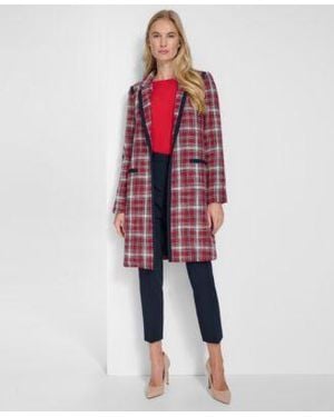 Tommy Hilfiger Open Front Tweed Topper Jacket Long Sleeve Boat Neck Tie Top Pinstripe Mid Rise Ankle Length Pants - Red