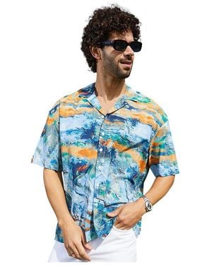 Campus Sutra Sky Blue & Pumkin Indie-block Oversized Shirt