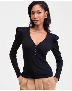 On 34th Puff-shoulder Long-sleeve Henley T-shirt - Blue