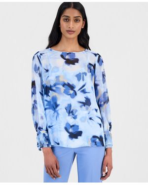 Anne Klein Printed Pleated-cuff Blouse - Blue