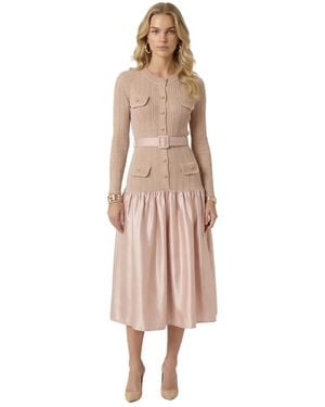Modenaire Ribbed Knit Satin Belted Midi Dress - Pink