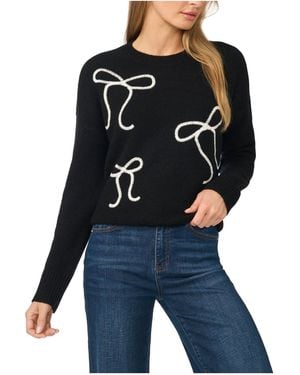 Cece Bow Embroidery Long-sleeve Crewneck Sweater - Blue