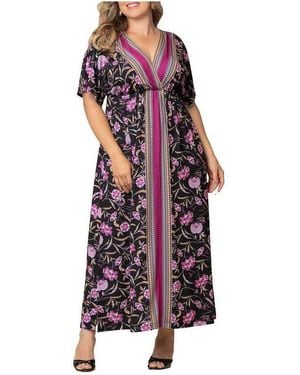 Kiyonna Plus Size Wanderlust Border Print Maxi Dress - Black