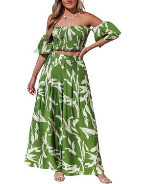 CUPSHE Smocked Off-the-shoulder Wide-leg Matching Sets - Green